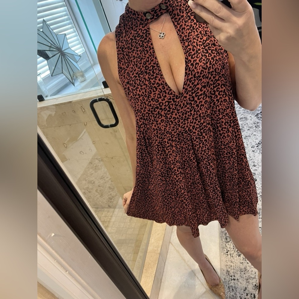 Free People Leopard Print Sleeveless Blouse Swing Mini Dress